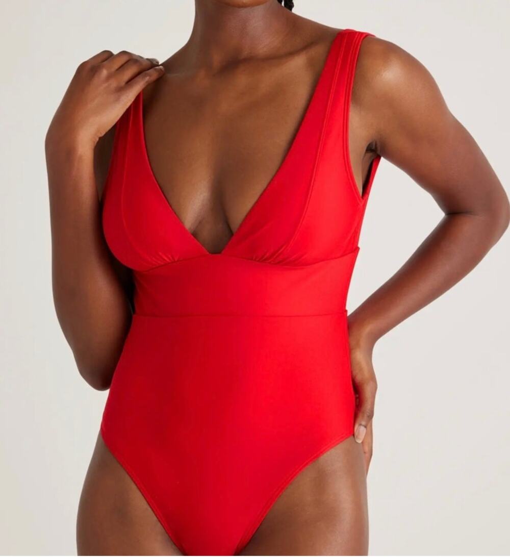 Quince NWT Italian Plunge One Piece Swimsuit Cherry Red V-Neck Bathing Suit S